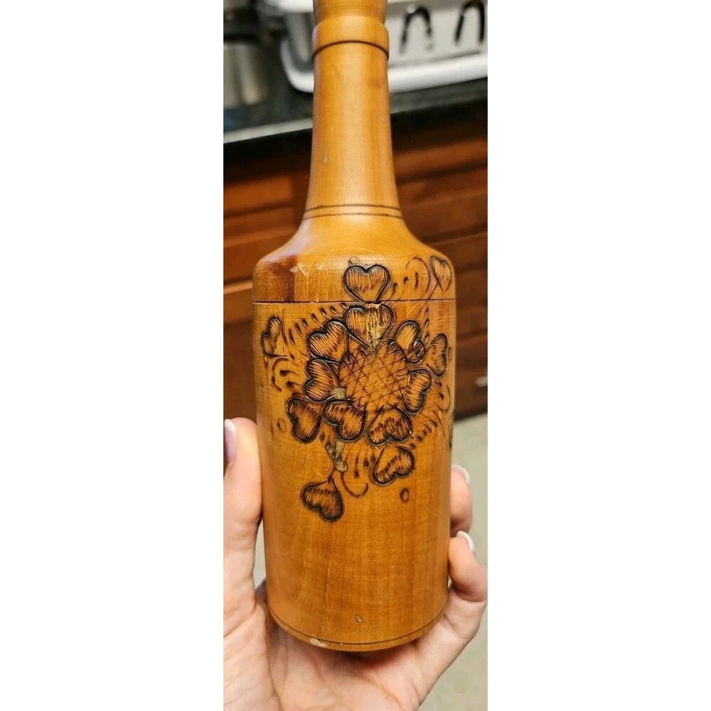 Vintage Burnt Wooden Pyrography Folk Art Decanter w\ Small Platter and 6 Goblets